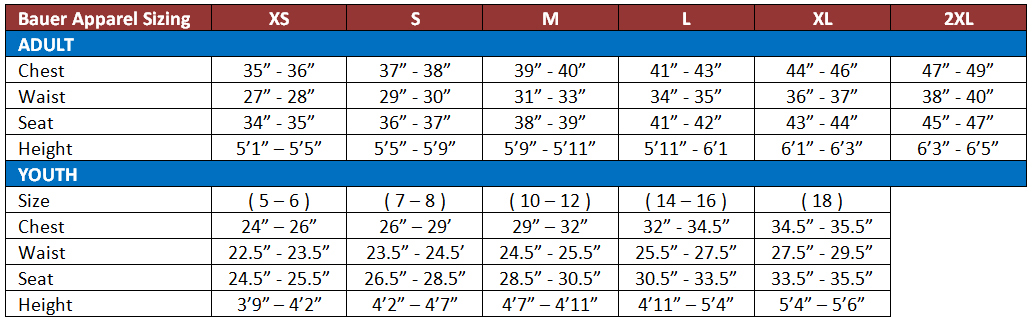 Bauer Sock Size Chart